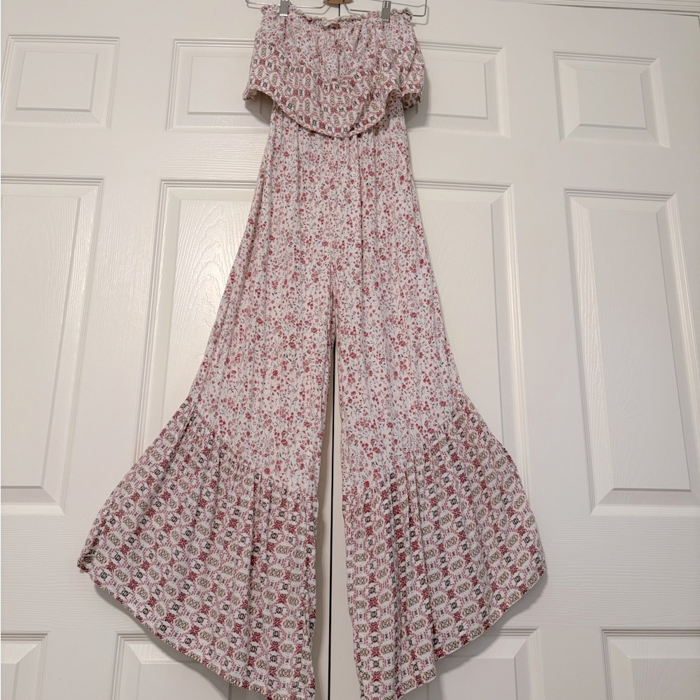 Japna Cream Floral Straplesd Wide-Leg Jumpsuit